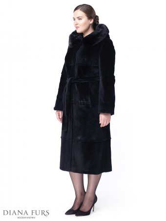 Полушубок из нутрии - французское пальто с капюшоном, отделка норка
